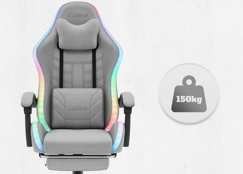 Fotel CABRO C501 LED Szary Widok od przodu na fotel gamingowy z ikoną informującą o maksymalnym obciążeniu wynoszącym 150 kg wytrzymały fotel gamingowy o nośności 150 kg
