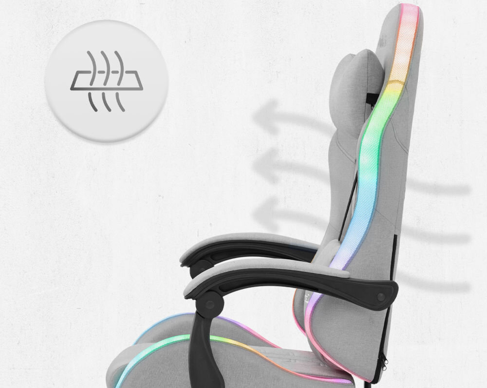 Fotel CABRO C501 LED Szary Profil fotela gamingowego z naniesionymi strzałkami i ikoną symbolizującą wentylację oraz przepływ powietrza przez oparcie ergonomiczny fotel gamingowy do długiej pracy i grania