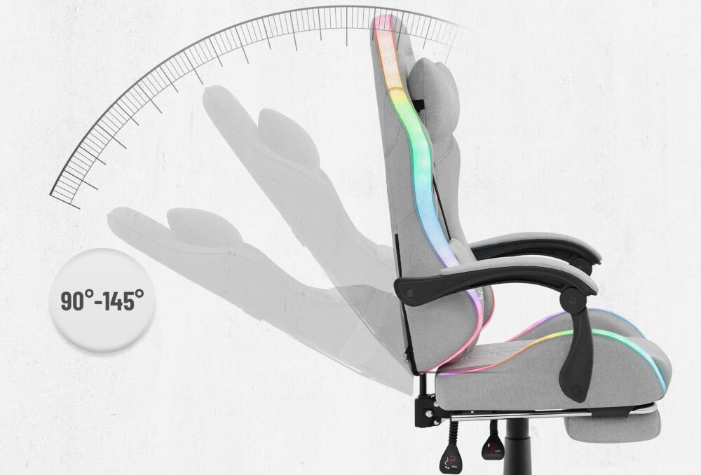 Fotel CABRO C501 LED Szary Grafika prezentująca mechanizm regulacji kąta nachylenia oparcia fotela w zakresie od 90 do 145 stopni fotel gamingowy z regulacją oparcia do 145 stopni