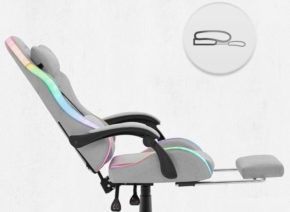 Fotel CABRO C501 LED Szary Widok z boku na fotel gamingowy z maksymalnie odchylonym oparciem i wysuniętym podnóżkiem pod nogi fotel gamingowy z wysuwanym podnóżkiem do odpoczynku