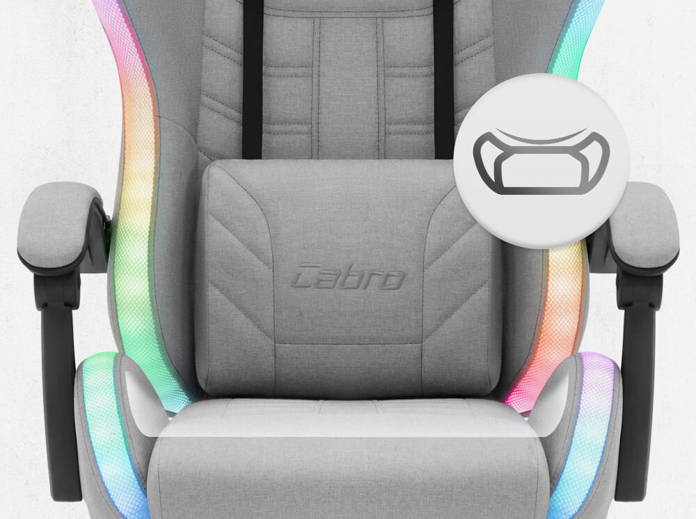 Fotel CABRO C501 LED Szary Zbliżenie na siedzisko oraz poduszkę lędźwiową fotela gamingowego z logo marki i ikoną profilowanej poduszki fotel gamingowy z ergonomicznym siedziskiem z pianką