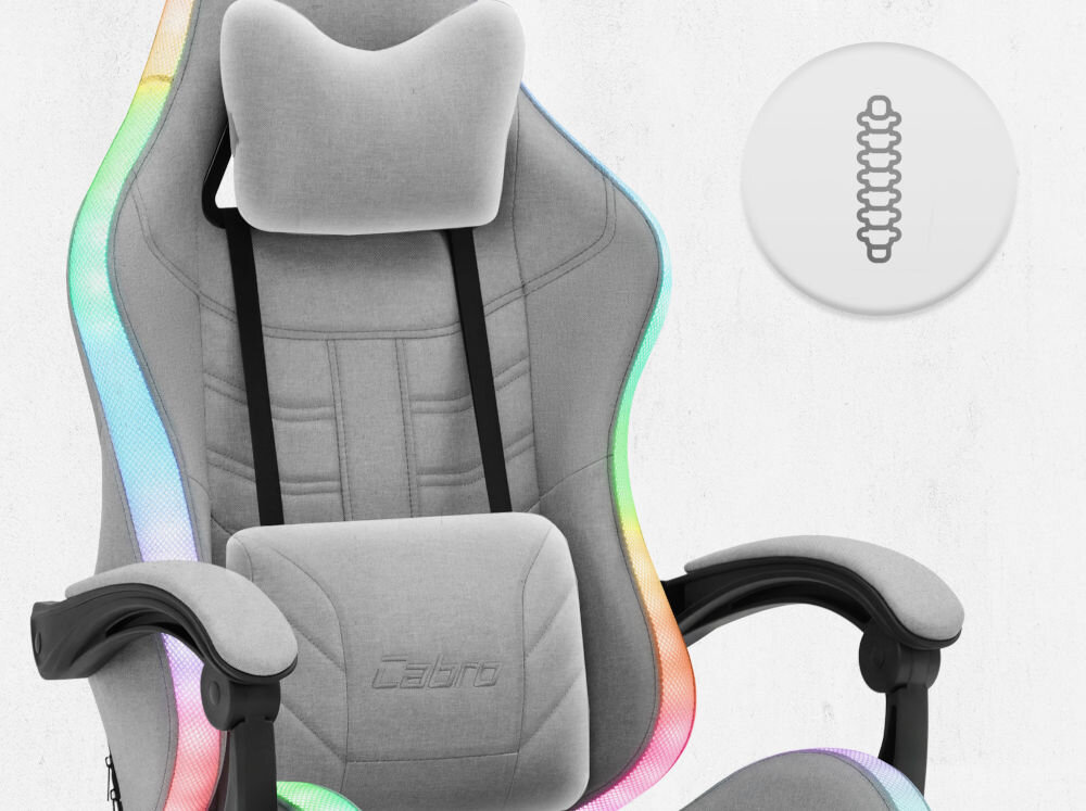 Fotel CABRO C501 LED Szary Górna część fotela gamingowego z widocznym zagłówkiem i ikoną wsparcia kręgosłupa na całej długości pleców fotel gamingowy z poduszką lędźwiową i poduszką pod kark