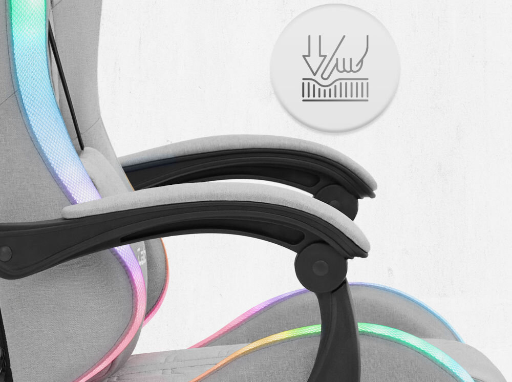 Fotel CABRO C501 LED Szary Zbliżenie na miękki podłokietnik fotela z ikoną nacisku, podkreślającą komfort użytkowania i jakość wypełnienia fotel gamingowy z podłokietnikami z miękkimi padami