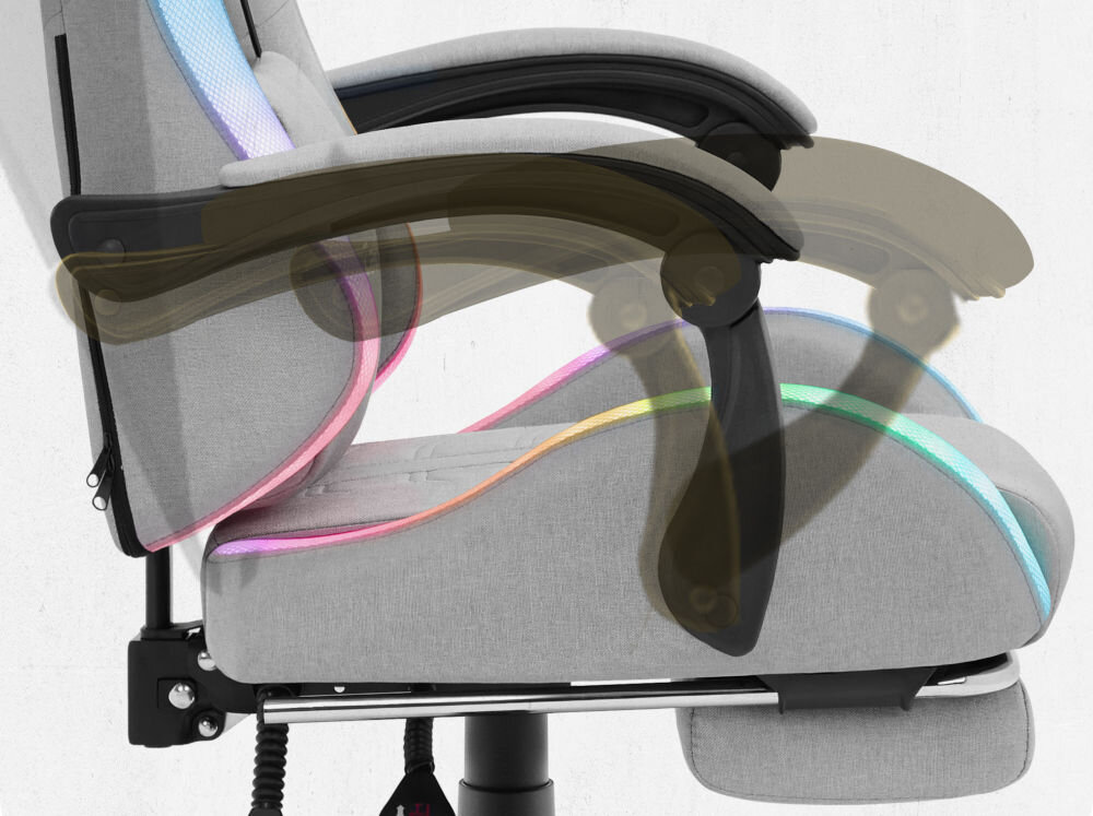 Fotel CABRO C501 LED Szary Widok z profilu na podłokietnik fotela z graficznym zaznaczeniem możliwości jego regulacji i dopasowania do rąk fotel gamingowy z systemem linkage armrests podłokietników