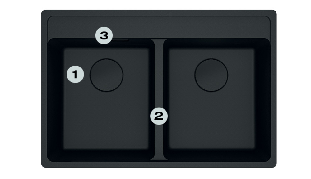 Zlewozmywak FRANKE Maris MRG 620-35-35 114.0693.518 Czarny matowy Postaw na komfort w kuchni zlewozmywak z góry z widocznymi numerami 1 na ociekaczu 2 na odpływie 3 na głębokiej komorze
