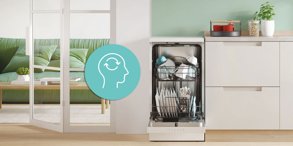 ZMYWARKA CANDY RAPIDO CF0C7SB0FW lifestyle front otwarta kosze infografika Funkcja Memo zapisywanie ulubionych ustawień szybko wygodnie