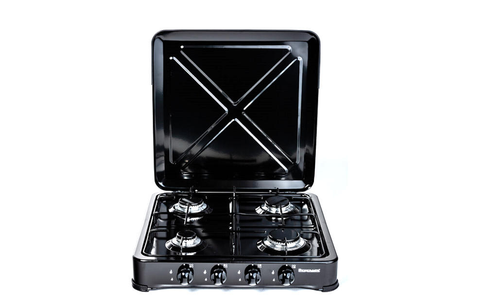 RAVANSON-K-04TB kuchenka nastawna gazowa gotowanie podgrzewanie dom wyjazd działka kemping cztery pola mocy metalowy ruszt obudowa pokrywa podstawa stal emaliowana