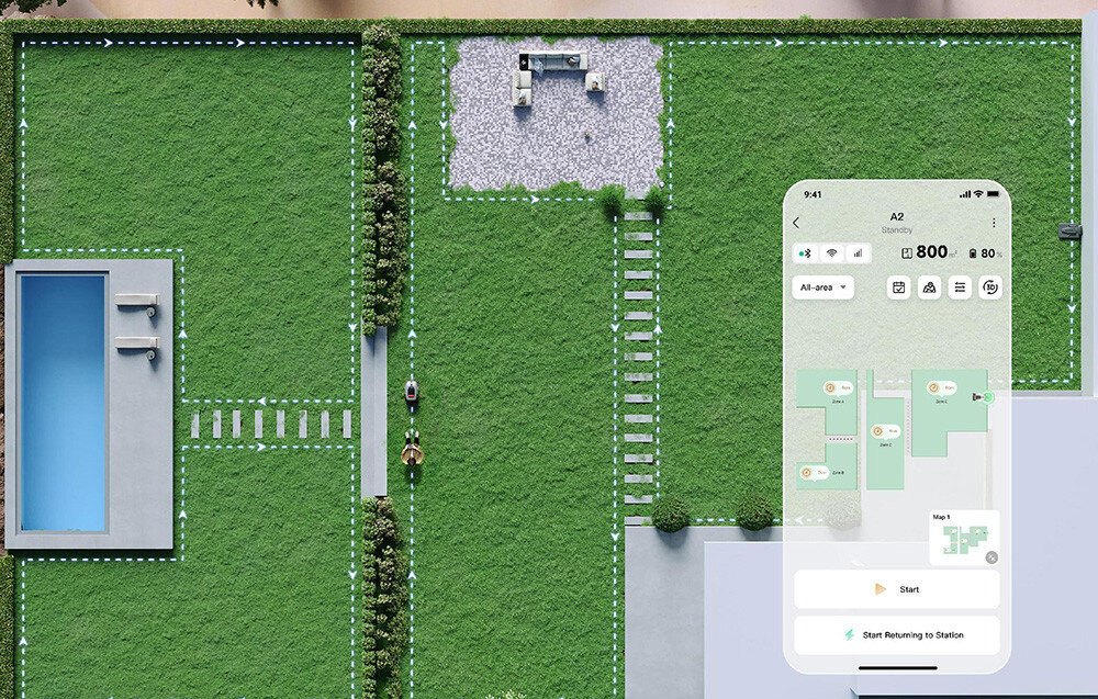 Robot koszący DREAME A2 widok na trawnik z góry robot zaznaczenie stref koszenia aplikacja na telefonie aplikacja Dreamehome dostosowanie harmonogramu koszenia wysokości trawy 30–70 mm wyznaczanie stref wykluczonych technologia 24/7 On Link stabilną łączność przy słabym sygnale Wi-Fi śledzenia lokalizacji w czasie rzeczywistym alarmuje o próbie podniesienia urządzenia lub opuszczenia zaplanowanego obszaru