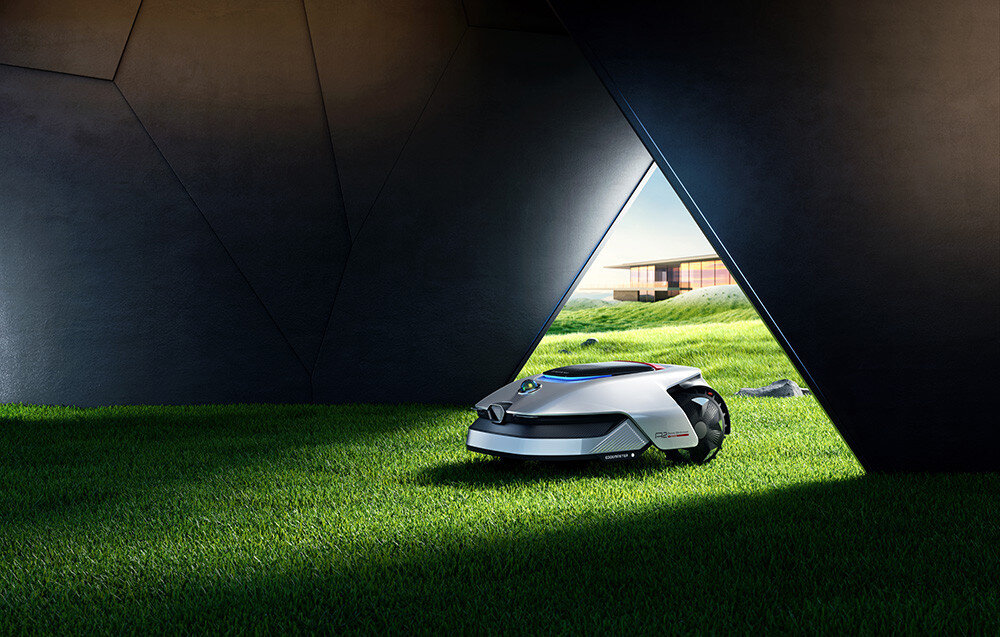 Robot koszący DREAME A2 robot na trawie wjeżdża pod tunel w tle dom pięć trybów koszenia tryb All-Area Mowing do obsługi wszystkich stref tryb Zone Mowing dla wybranych obszarów tryb Edge Mowing precyzyjnie przycięte brzegi tryb Spot Mowing konkretne punkty koszenia tryb Manual Mowing pełną kontrolę nad urządzeniem