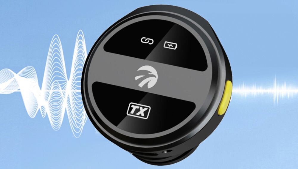 Mikrofon HAWK HW-MIC101 prezentacja mikrofonu na niebieskim tle graficznie narysowany dźwięk wchodzący do mikrofonu i wychodzący z niego po wytłumieniu wbudowany algorytm analizuje dźwięki tłumi niechciane hałasy w czasie rzeczywistym sprawdza się w hałaśliwym otoczeniu