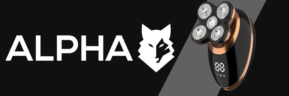 Golarka ALPHA TR5-PRO Na mokro i sucho precyzyjne golenie czarne tło biały napis logo wilka golarka czarno miedziana głowica  