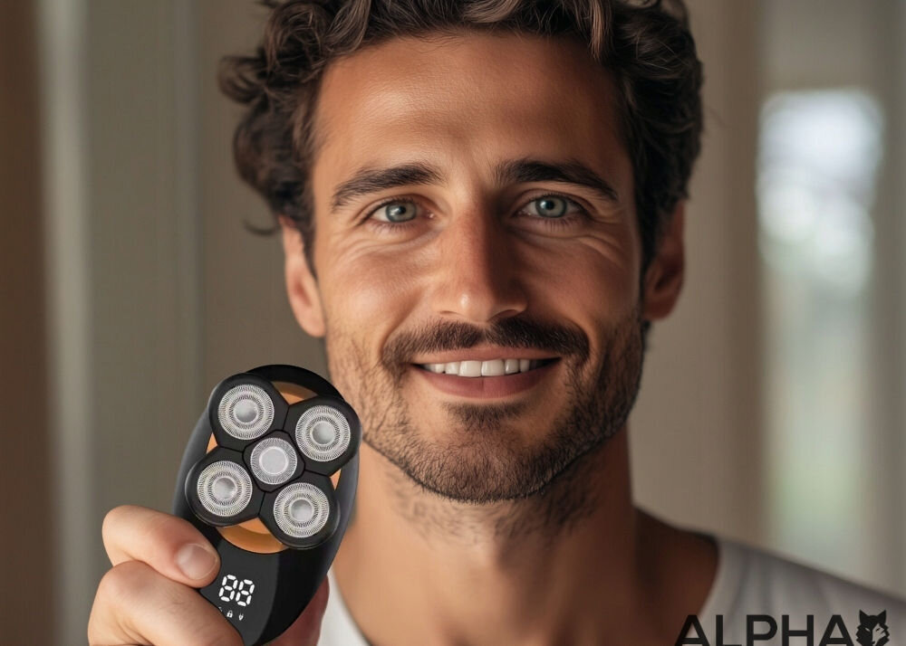 Golarka ALPHA TR5-PRO mężczyzna trzymający golarkę czarno miedziana wyświetlacz srebrna głowica  Na mokro i sucho głowica rotacyjna dopasowanie do kształtu twarzy ruchome głowice wpasowanie w kontury twarzy bezpieczne i skuteczne golenie Rotacyjne ostrza wygoda użytkowania przyspieszenie procesu golenia czas precyzyjność 