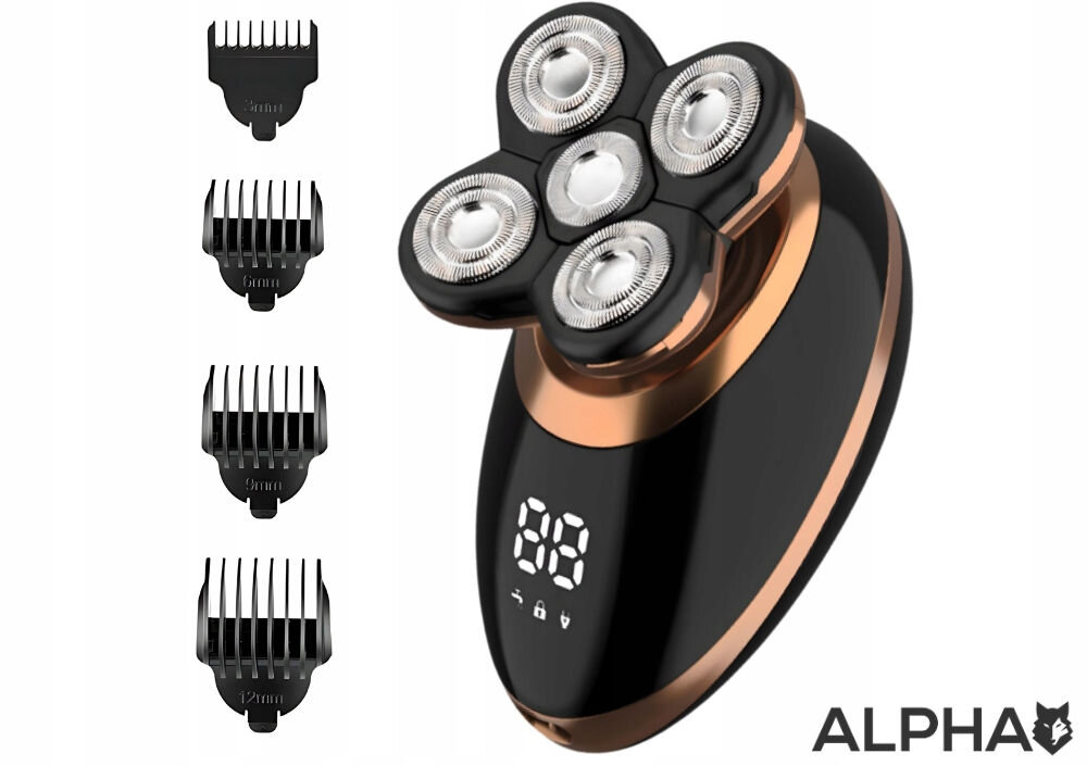 Golarka ALPHA TR5-PRO Na mokro i sucho golarka czarno miedziana głowica wyświetlacz obok końcówki białe tło precyzja wszechstronność trymer do stylizacji brody, wąsów i włosów cztery wymienne nasadki (3 mm, 6 mm, 9 mm, 12 mm) dostosowanie długości cięcia ergonomiczny design łatwość obsługi komfort domowej pielęgnacji sposób na wyrażenie siebie zachowanie nienagannego wyglądu 