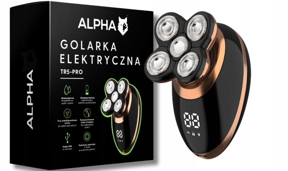 Golarka ALPHA TR5-PRO Na mokro i sucho czarne pudełko bok golarka czarno miedziana obudowa głowica wyświetlacz białe tło prosty system czyszczenia wodoodporna konstrukcja przepłukanie urządzenia pod bieżąca wodą wymienne głowice łatwa konserwacja wymiana poszczególnych elementów wodoodporność IPX7 bezpieczna do używania pod prysznicem do codziennej pielęgnacji