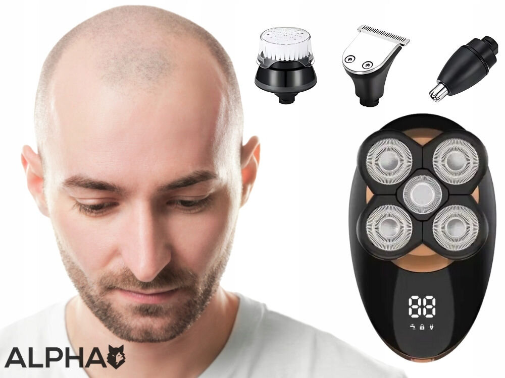 Golarka ALPHA TR5-PRO Na mokro i sucho mężczyzna łysa głowa końcówki golarka czarno miedziana obudowa białe tło  wydajna bateria do 60 minut pracy Czas ładowania wynosi około 2 godzin lekka konstrukcja 180 g poręczna łatwa do przenoszenia niewielka waga komfortowe wygodne użytkowanie do codziennego użytku do zabrania w podróż  
