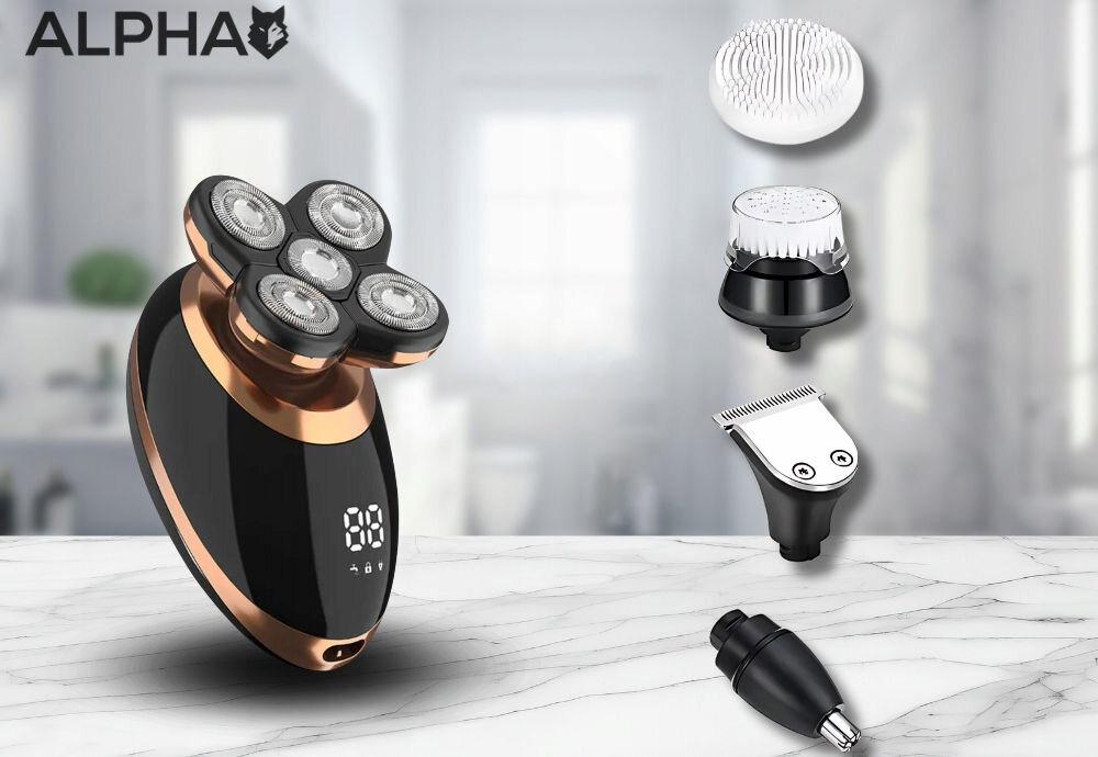 Golarka ALPHA TR5-PRO Na mokro i sucho jasne tło golarka czarno miedziana głowica obok końcówki trymer szczoteczki  dodatkowe funkcje Szczoteczka do twarzy oczyszcza skórę gładka skóra głowica do masażu twarzy poprawia elastyczność skóry uczucie świeżości i relaksu dba o wygląd poprawia kondycję skóry