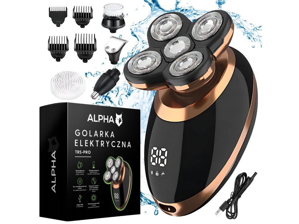 Golarka ALPHA TR5-PRO Na mokro i sucho głowica nasadki dystansowe (3 mm, 6 mm, 9 mm, 12 mm) trymer szczoteczka do czyszczenia twarzy głowica masująca kabel USB-A/USB-C  dokumentacjabiałe tło efekt rozchlapania wody za urządzeniem 