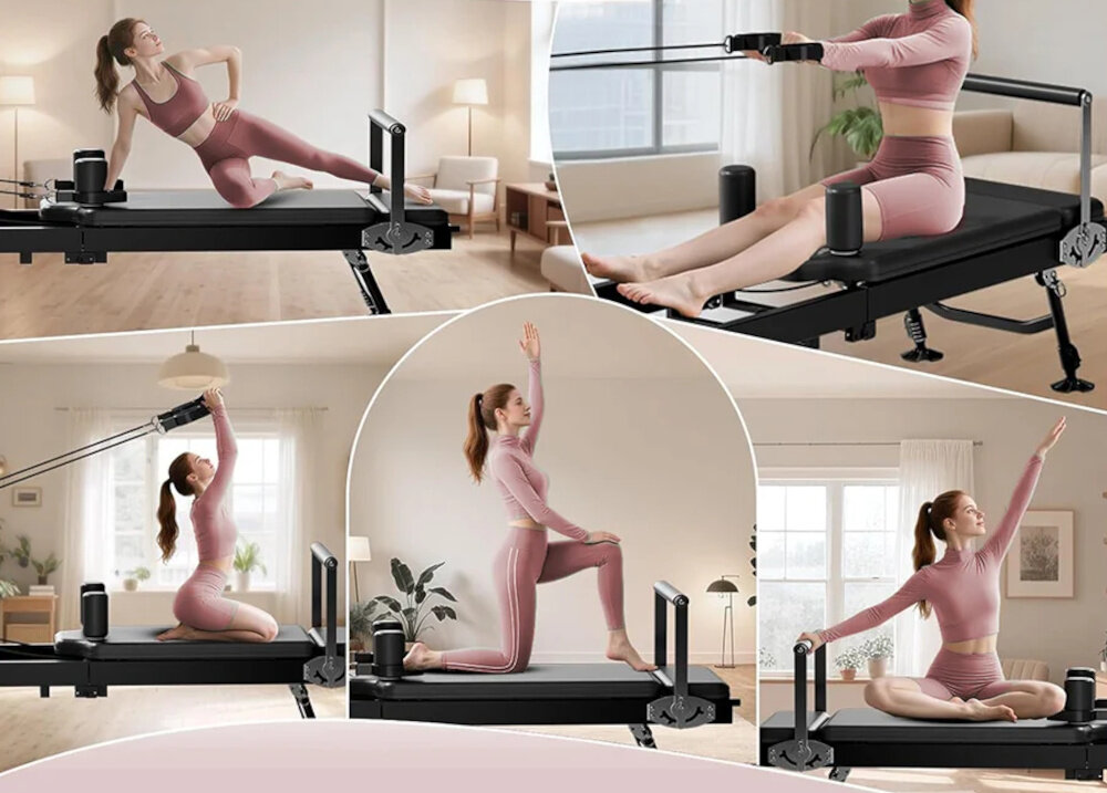 Reformer do pilatesu EXTRALINK Lifestyle PB1001 Czarny kolaż sześciu zdjęć pokój osoba ćwiczy na reformerze w różnych pozycjach pięć sprężyn ze stali węglowej wysoka wytrzymałość na rozciąganie i odporność na odkształcenia można dostosować opór do celu treningowego umożliwia różnicowanie bodźców