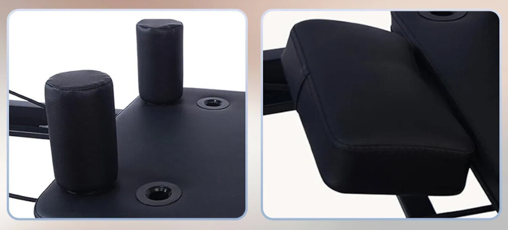 Reformer do pilatesu EXTRALINK Lifestyle PB1001 Czarny jasne tło zbliżenie na poduszkę na ramiona podwójna poduszka na ramiona z regulacją pozycji prawidłowe podparcie zmniejsza napięcie w barkach i szyi lepsze ułożenie ciała większa kontrola nad ruchem