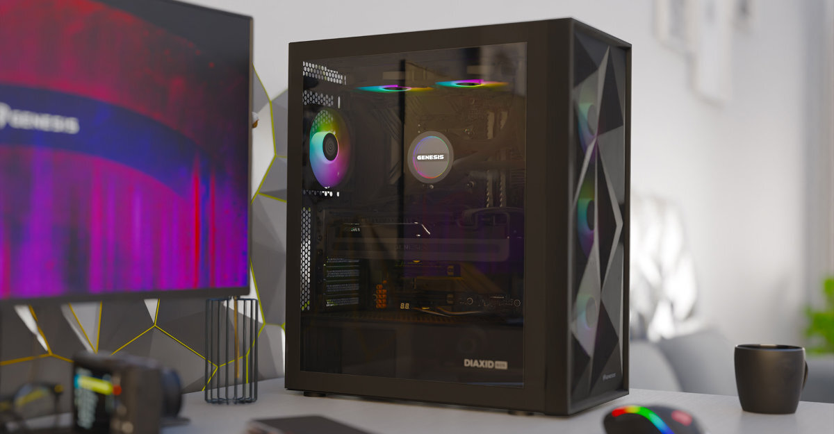 Genesis Diaxid 605 niską temperaturę i wysoką wydajność kompatybilność z chłodzeniami AIO 420, 5 wentylatorów GENESIS Oxal 120 oraz kompletne filtry przeciwkurzowe - obudowa na biurku