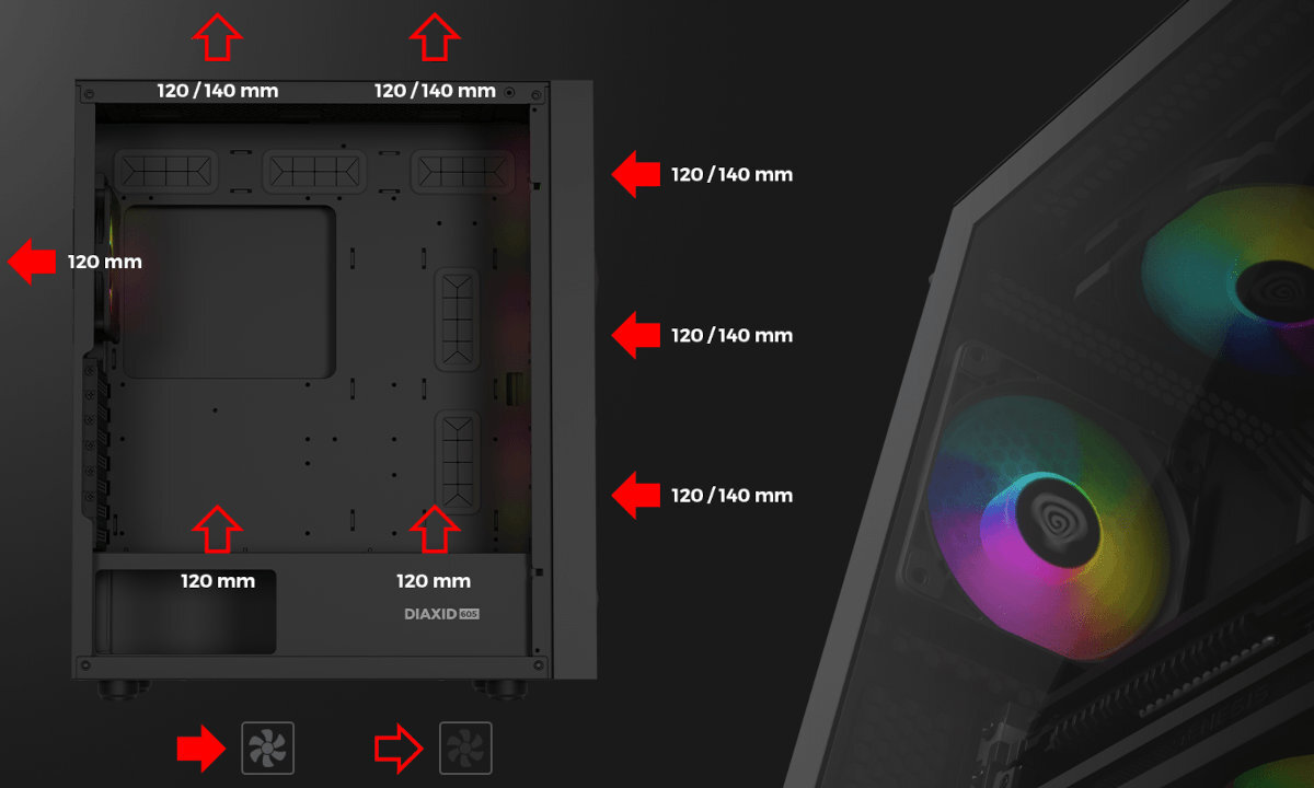 Genesis Diaxid 605 GENESIS Oxal 120 wydajność standardowego modelu 1400 RPM Cichą pracę jeden wyciągowy umieszczony jest z tyłu do środka przodu obudowy miejsce na górze systemem filtracji dwa miejsca na spodzie - umiejscowienie wentylatorów