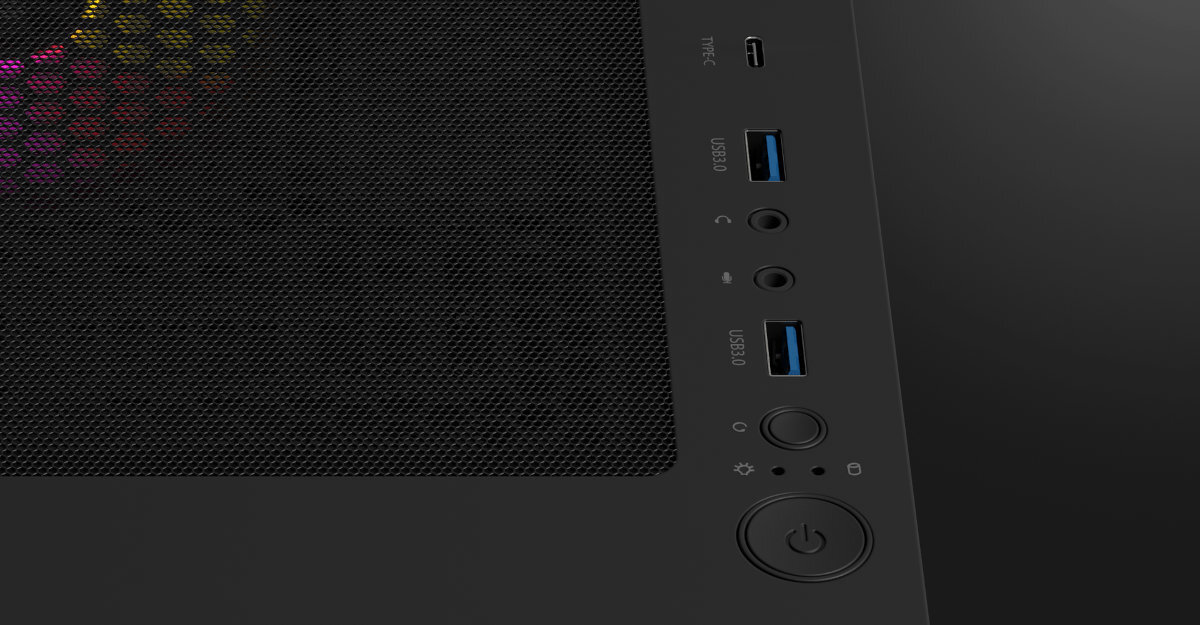 Genesis Diaxid 605 portów USB górnym panelu USB-C (Gen 2, do 10 Gbit/s) 2 porty USB Typu A (3.2 Gen 1) wejścia audio i mikrofon (2 x 3,5 mm) Wnętrze obudowy przepusty, piwnica na okablowanie i gumowe maskownice - górny panel z portami USB