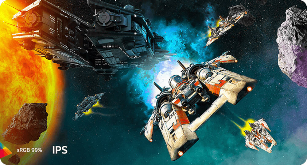 Monitor LG UltraGear 27G440A-B.AEU 27 cali 1920x1080px IPS 240Hz 1 ms [GTG] prezentacja pokrycia kolorów latające statki powietrzne pomiędzy meteorytami 99% sRGB wierne odwzorowanie kolorów