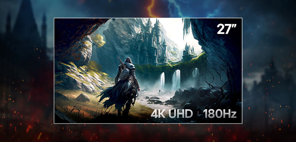 Monitor LG UltraGear 27G810A-B.AEU 27 cali 3840x2160px IPS 180Hz 1 ms [GTG] idąca postać po ekranie w tle góry i zamek napis z rozdzielczością i rozmiarem Dual-Mode, 4K UHD, 360 Hz, czas reakcji 1 ms GtG