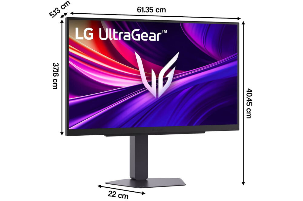 Monitor LG UltraGear 27G810A-B.AEU 27 cali 3840x2160px IPS 180Hz 1 ms [GTG] prezentacja monitora na białym tle od przodu pod kątem z wymiarami przekątna komfort oglądania wymiary dopasowanie do różnych układów