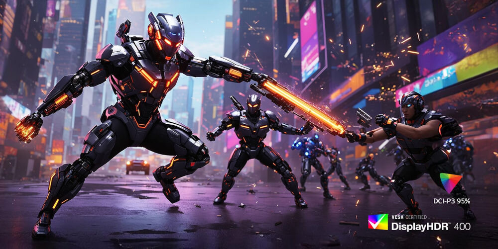 Monitor LG UltraGear 27G810A-B.AEU 27 cali 3840x2160px IPS 180Hz 1 ms [GTG]   roboty walczące ze sobą na tle modernistycznego miasta VESA DisplayHDR™ 400, wysoka jasność, realizm obrazu