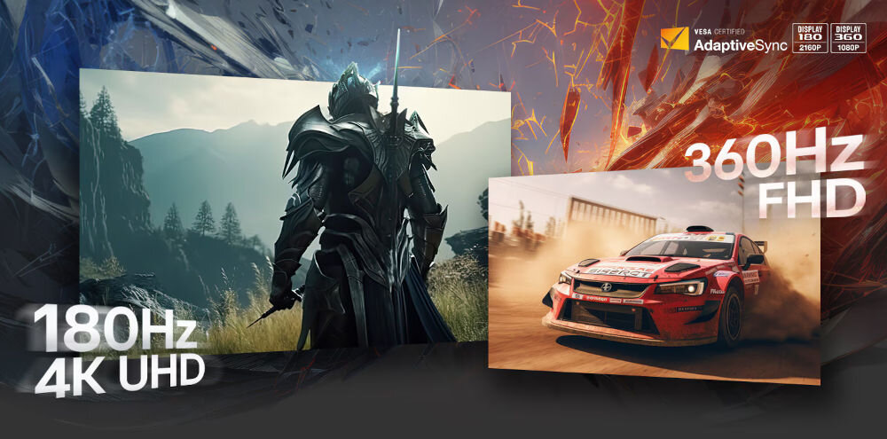 Monitor LG UltraGear 27G810A-B.AEU 27 cali 3840x2160px IPS 180Hz 1 ms [GTG] porównanie dwóch parametrów na ekranach włączone gry VESA Dual-Mode, 4K UHD 180 Hz, FHD 360 Hz, menu ekranowe