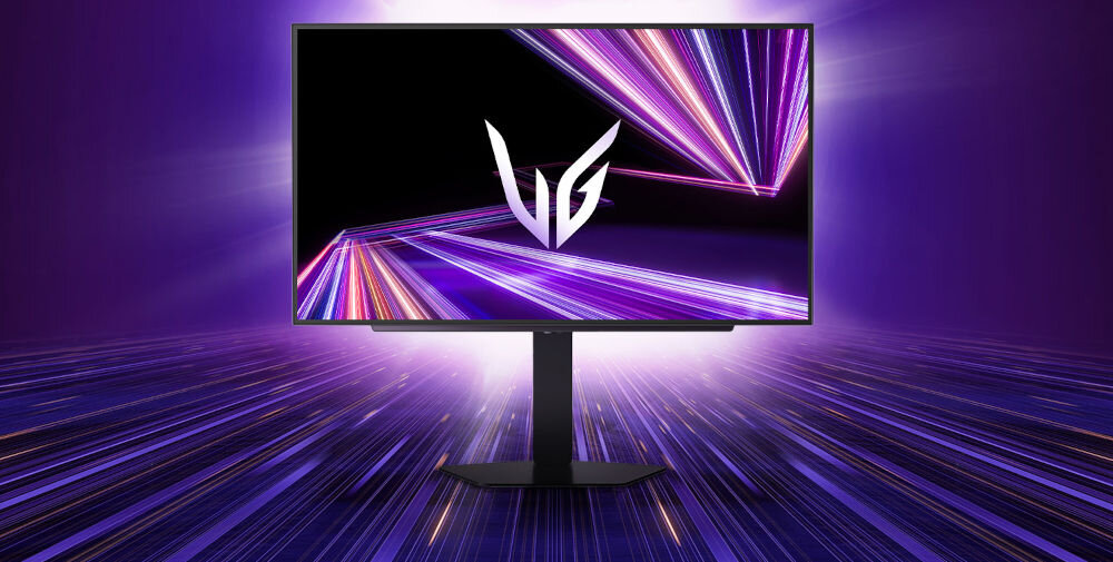Monitor LG UltraGear 27GX704A-B.AEU 26.5 cala 2560x1440px 240Hz 0.03 [GTG] prezentacja monitora od przodu fioletowym tle z poświatą świetlną