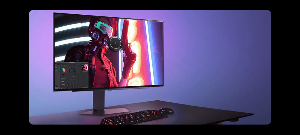 Monitor LG UltraGear 27GX704A-B.AEU 26.5 cala 2560x1440px 240Hz 0.03 [GTG] monitor na biurku z włączonym programem graficznym fioletowa ściana LG Calibration Studio, kalibracja sprzętowa, spójność obrazu, gama barw