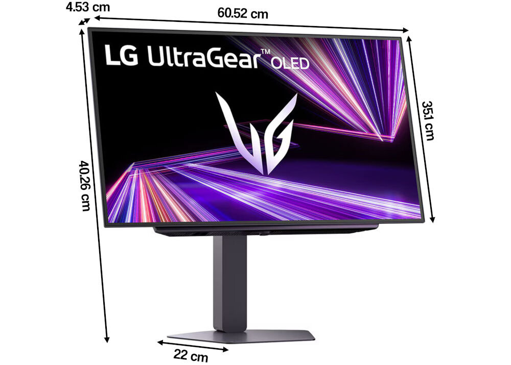 Monitor LG UltraGear 27GX704A-B.AEU 26.5 cala 2560x1440px 240Hz 0.03 [GTG] prezentacja monitora na białym tle od przodu pod kątem z wymiarami przekątna komfort oglądania wymiary dopasowanie do różnych układów