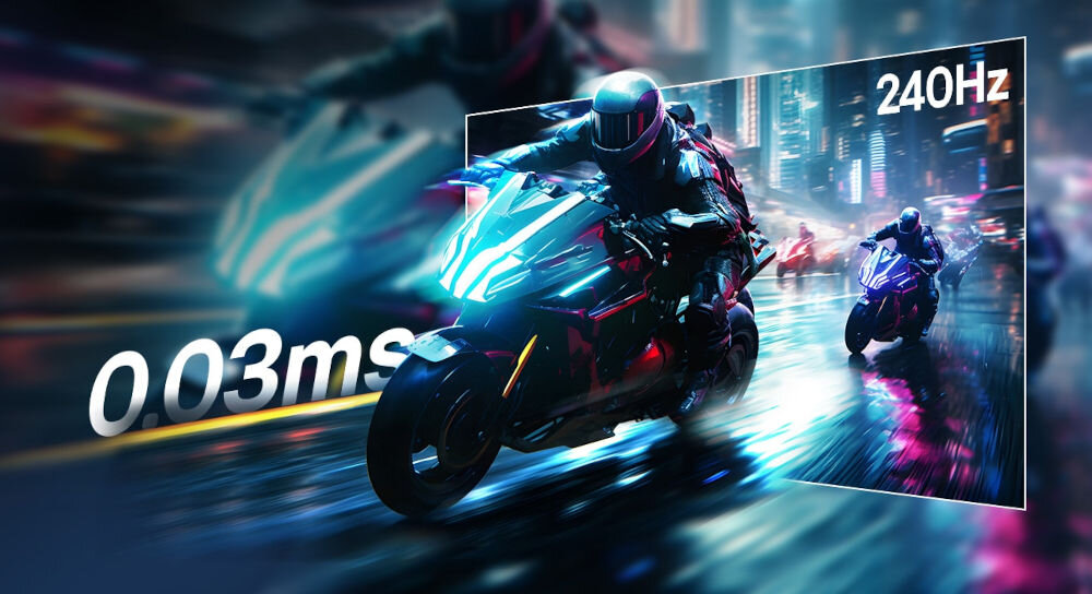 Monitor LG UltraGear 27GX704A-B.AEU 26.5 cala 2560x1440px 240Hz 0.03 [GTG] pokazanie częstotliwości jadący motocykl częstotliwość odświeżania płynność brak rozmycia