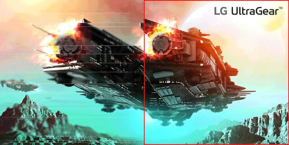 Monitor LG UltraGear 27GX704A-B.AEU 26.5 cala 2560x1440px 240Hz 0.03 [GTG] pokazanie działania zastosowań porównanie z i bez w grze AMD FreeSync Premium Pro G-SYNC VESA AdaptiveSync™ redukcja zacięć