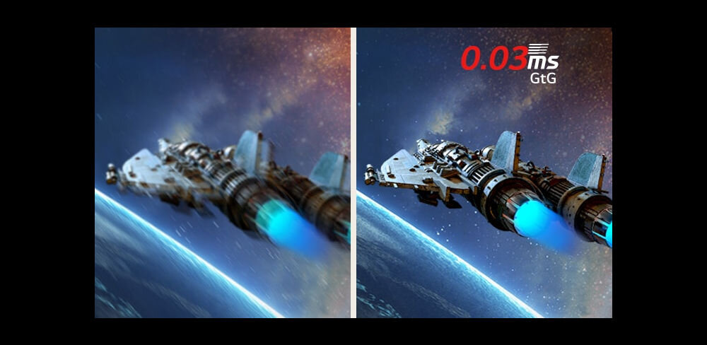 Monitor LG UltraGear 27GX704A-B.AEU 26.5 cala 2560x1440px 240Hz 0.03 [GTG]  pokazanie działania 0.03 ms GtG lecące statki, brak smużenia, ostrość w ruchu