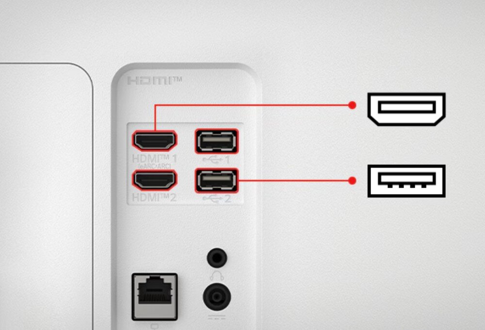 Obraz przedstawia panel złącz monitora z dwoma portami HDMI oznaczonymi jako HDMI™1 i HDMI™2 oraz dwoma portami USB. Obok znajdują się ikony przedstawiające kształty złącz HDMI i USB.