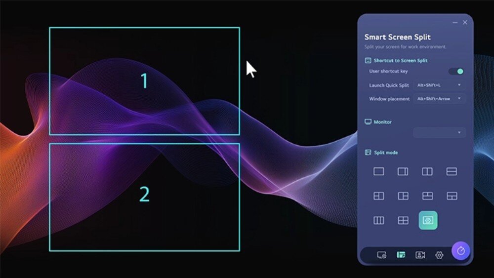 Interfejs oprogramowania Smart Screen Split z dwoma prostokątnymi sekcjami oznaczonymi numerami 1 i 2 na tle kolorowych fal. Po prawej stronie znajduje się panel z opcjami podziału ekranu i skrótami klawiszowymi.