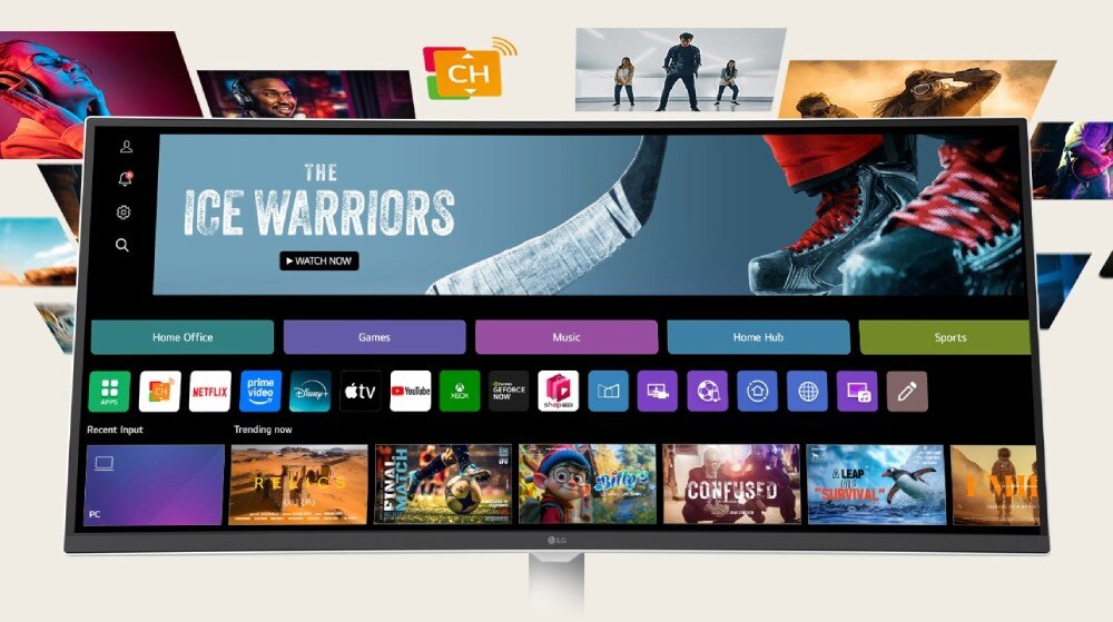 Monitor wyświetla interfejs z aplikacjami takimi jak Netflix, Prime Video, YouTube i inne. Na ekranie widoczny jest baner z napisem \'The Ice Warriors\'.