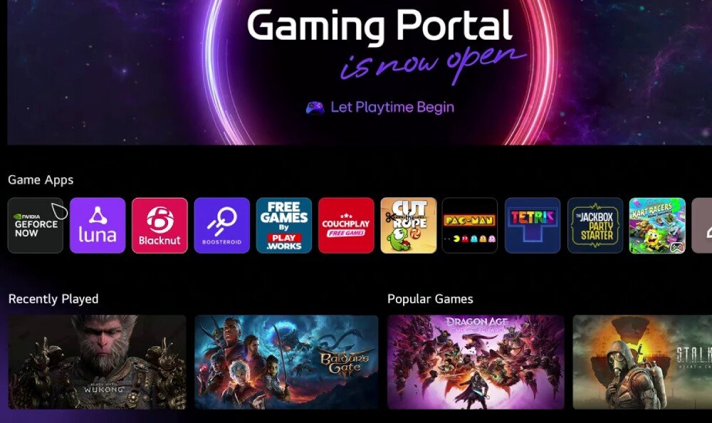 Obraz przedstawia ekran z napisem \'Gaming Portal is now open\' oraz \'Let Playtime Begin\'. Poniżej znajdują się ikony aplikacji gier i sekcje \'Recently Played\' oraz \'Popular Games\' z grafikami gier.