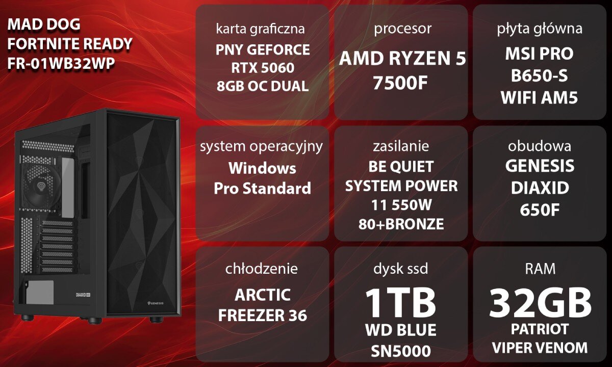 Komputer MAD DOG Fortnite Ready FR-01WB32WP Grafika przedstawiająca specyfikację komputera, z podziałem na podzespoły. W lewej części znajduje się model komputera, a obok niego informacje o podzespołach, opis