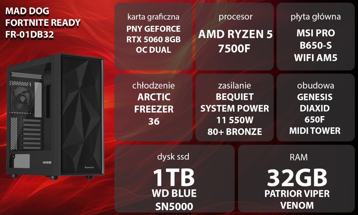 Komputer MAD DOG Fortnite Ready FR-01DB32 Grafika przedstawiająca specyfikację komputera, z podziałem na podzespoły. W lewej części znajduje się model komputera, a obok niego informacje o podzespołach, opis