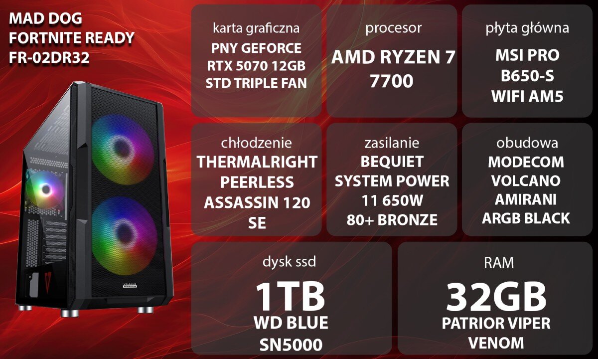 Komputer MAD DOG Fortnite Ready FR-02DR32  Grafika przedstawiająca specyfikację komputera, z podziałem na podzespoły. W lewej części znajduje się model komputera, a obok niego informacje o podzespołach, opis