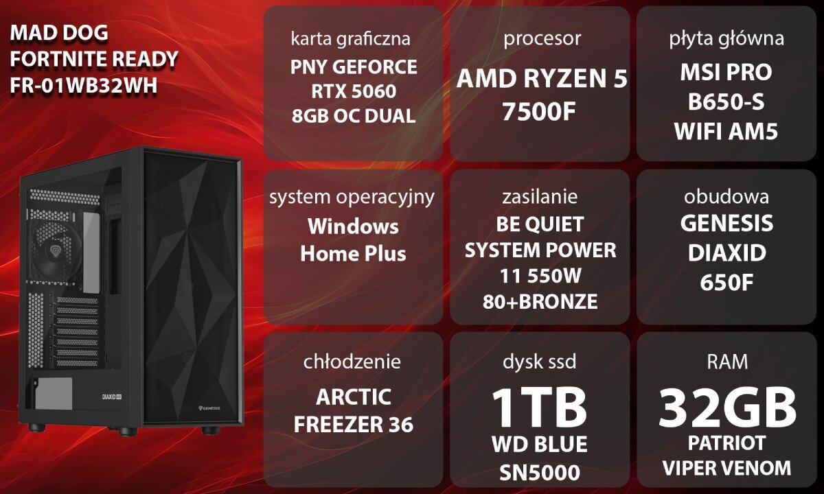 Komputer MAD DOG Fortnite Ready FR-01WB32WH Grafika przedstawiająca specyfikację komputera, z podziałem na podzespoły. W lewej części znajduje się model komputera, a obok niego informacje o podzespołach, opis