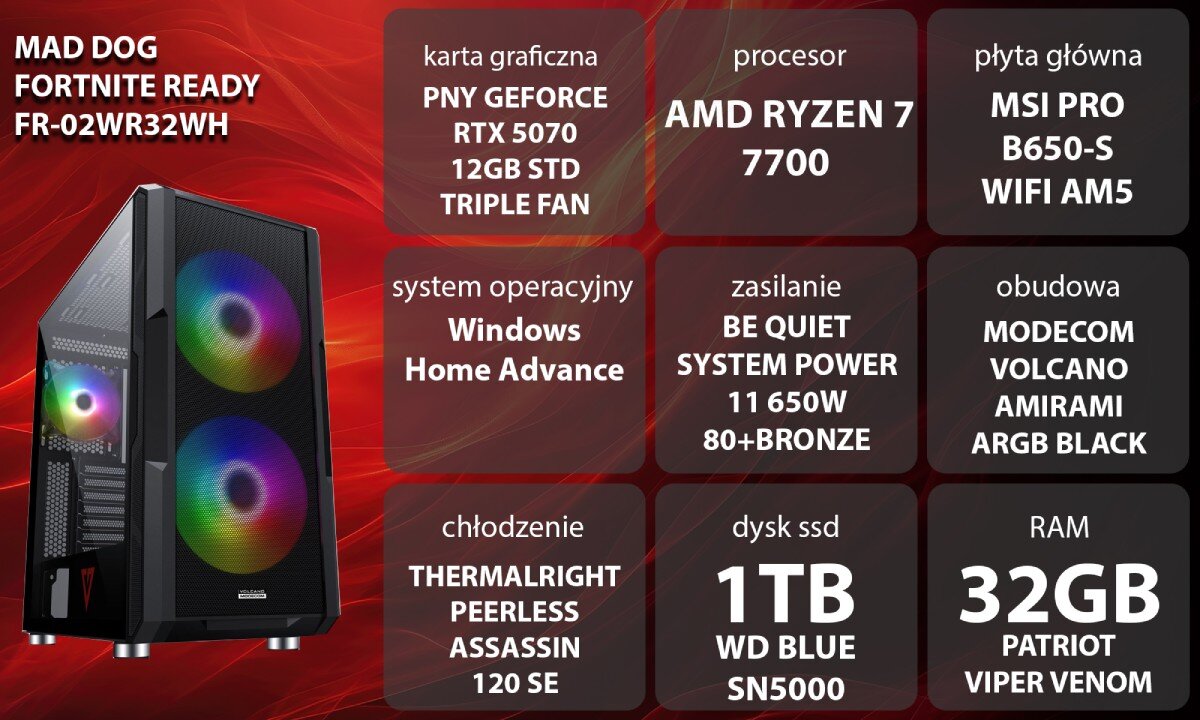 Komputer MAD DOG Fortnite Ready FR-02WR32WH  Grafika przedstawiająca specyfikację komputera, z podziałem na podzespoły. W lewej części znajduje się model komputera, a obok niego informacje o podzespołach, opis