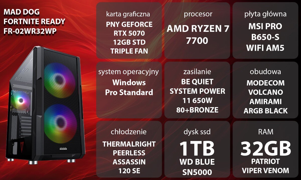 Komputer MAD DOG Fortnite Ready FR-02WR32WP  Grafika przedstawiająca specyfikację komputera, z podziałem na podzespoły. W lewej części znajduje się model komputera, a obok niego informacje o podzespołach, opis