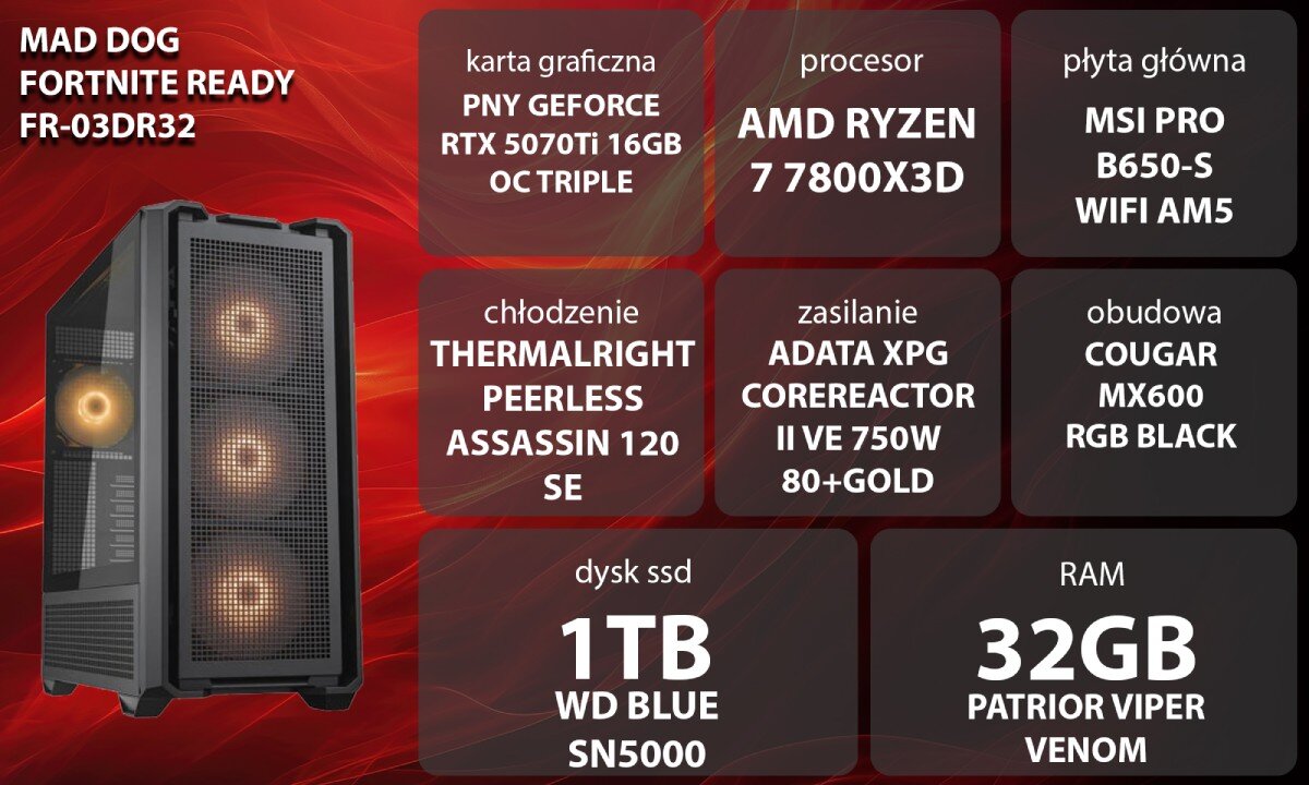 Komputer MAD DOG Fortnite Ready FR-03DR32  Grafika przedstawiająca specyfikację komputera, z podziałem na podzespoły. W lewej części znajduje się model komputera, a obok niego informacje o podzespołach, opis