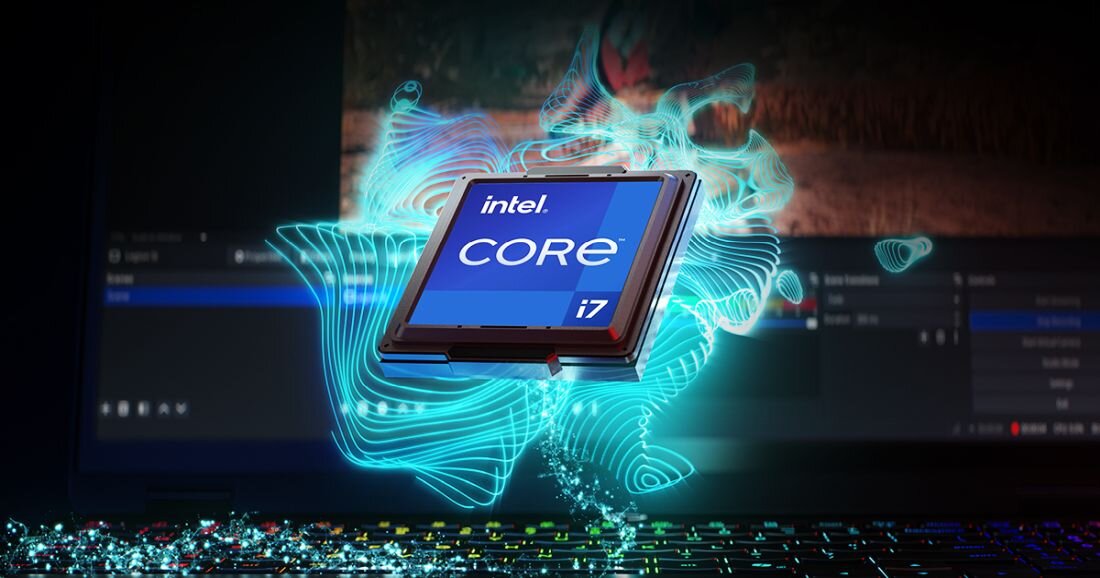  Procesor Intel Core i7 podświetlony niebieskimi falami energii elektronicznej na czarnym tle, prezentujący zaawansowaną technologię chipsetów dla zasilania urządzeń gamingowych. - Intel Core, Dysk SSD NVMe, Pamięć DDR5  