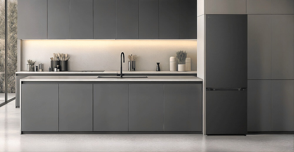 LODÓWKA LG GBBW726AEV Zdjęcie przedstawia minimalistyczną kuchnię z dużą wyspą, jednolitymi szarymi frontami i jasnym podświetleniem pod szafkami. Po prawej stronie stoi wysoka lodówka w matowym, szarym wykończeniu, harmonijnie wpisując się w całą zabudowę